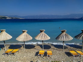 Photo of aerial view of Crikvenica town on Adriatic sea waterfront , Kvarner bay region of Croatia.