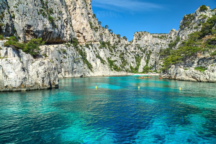 Photo of Colorful kayaks in the famous French fjords,Calanques national park, Calanque d'En Vau bay, Cassis,Marseille, Southern France, Europe.