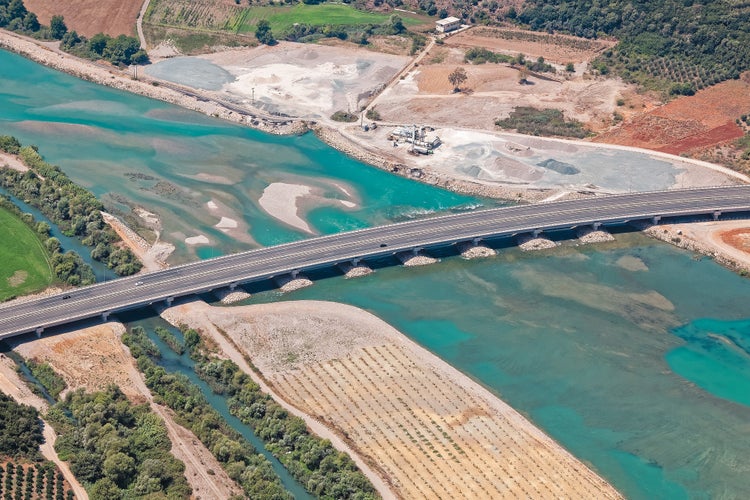 Bridge on Achelous or Acheloos river, Agrinio, Greece, aerial view.