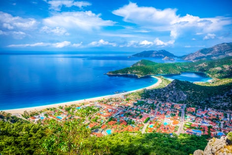 Photo of Oludeniz Bay aerial view in Fethiye Town, Turkey.