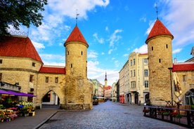 Scenic summer view of the Old Town and sea port harbor in Tallinn, Estonia.