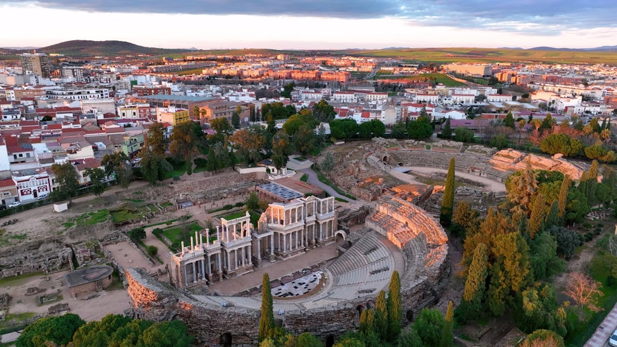 photo of view of aerial view of old Roman Theatre of Merida spanish cultural icon landmark in Spain.