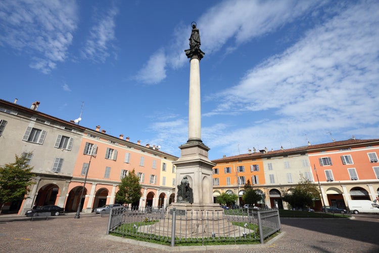 Photo of Virgin Mary column at Piazza Duomo, Piacenza, medieval town, Italy.