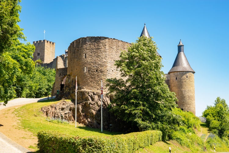 Old ruins of the Castle of Bourscheid, Canton of Diekirch, Luxembourg, elevated exterior view