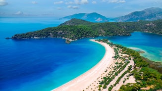 Photo of aerial view of Oludeniz Bay view in Fethiye Town, Turkey.