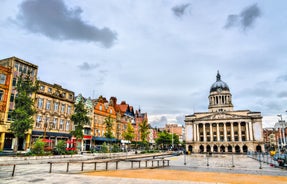 Photo of Nottingham Council House and a fountain front shot at Twilight, UK.