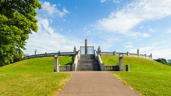 Photo of panoramic view of the central obelisk made of the sculptures of Frogner Park, Oslo, Norway.
