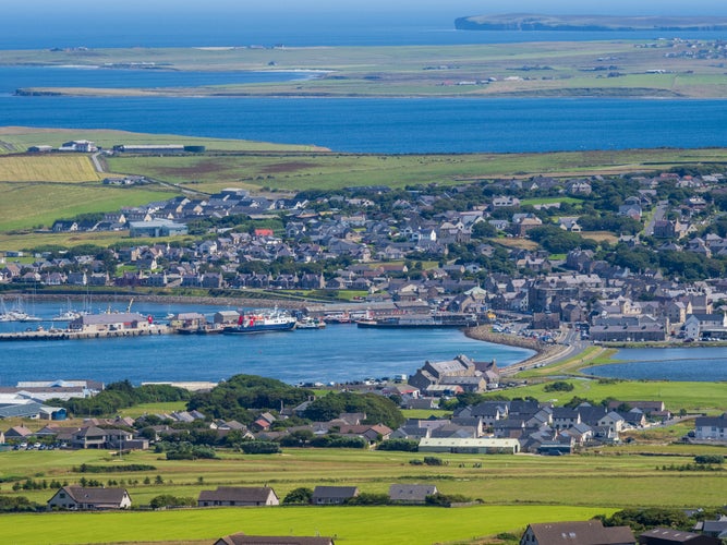 photo of Panoramic view of Kirkwall, Mainland, Orkney from the top of Wideford Hill on a sunny day.