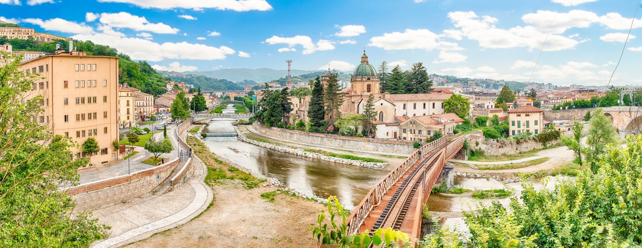 Scenic aerial view of the Old Town with the Crathis River and historic buildings in Cosenza, Calabria, Italy