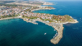 Photo of aerial view of beautiful Bulgarian seaside town Primorsko, Bulgaria.