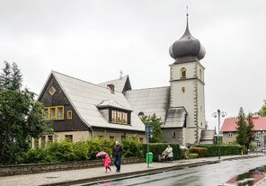 Photo of old wooden Norwegian temple Wang in Karpacz, Poland.