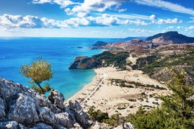 Photo of panoramic aerial view of Lindos bay, village and Acropolis, Rhodes, Greece.