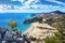 photo of view Tsambika beach with golden sand - view from Tsambika monastery (RHODES, GREECE).