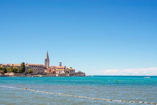 Photo of aerial view to the town of Porec in Istria, Croatia on Adriatic coast.