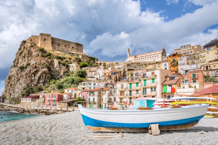 Beach of Scilla with Castello Ruffo, Calabria, Italy.