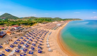 Photo of panoramic aerial view of Asprovalta with Adriatic sea beach and background of beautiful mountain landscape, Greece.