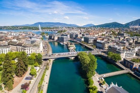 View of the Old Town of Basel with red stone Munster cathedral and the Rhine river, Switzerland.