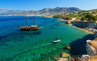 Photo of aerial view of the Kales Venetian fortress at the entrance to the harbor, Ierapetra, Crete, Greece.