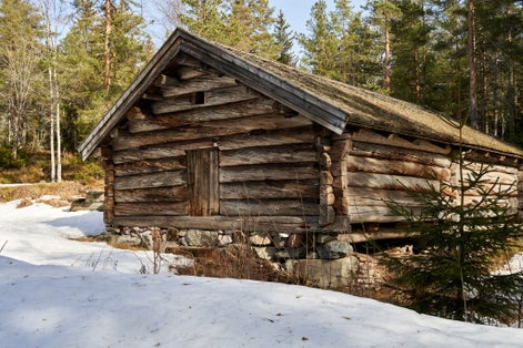 Photo of an ancient, traditional Viking wooden building in Drammen, Norway.