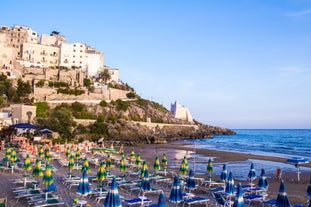 Photo of aerial view of beautiful coastal landscape with old town of Gaeta, Italy.