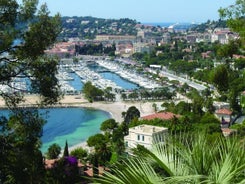 View of Mediterranean luxury resort and bay with yachts. Nice, Cote d'Azur, France. 