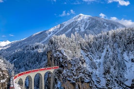 photo of St. Moritz, the famous resort region for winter sport, from the high hill in Switzerland.