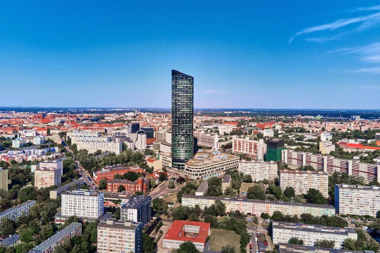 Photo of aerial view of Wroclaw cityscape with Sky Tower skyscraper, Poland.