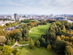 Photo of aerial view of Salisbury cathedral in the spring morning, England.