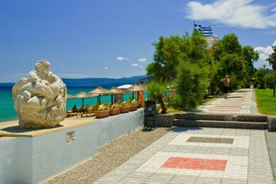 Photo of Ouranoupolis tower in Chalkidiki, Greece on a summer day.