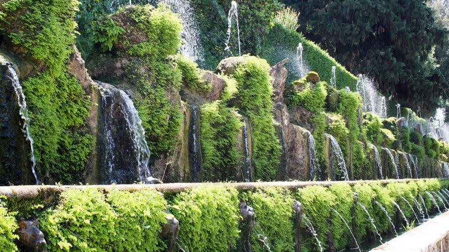 Fountain wall surrounded by lush greenery in Tivoli Gardens, Copenhagen-s iconic attraction..jpg