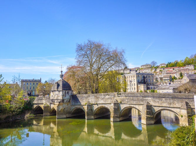 Historic Saxon village view of Bradford on Avon including the famous stone bridge and ancient British houses in the town.