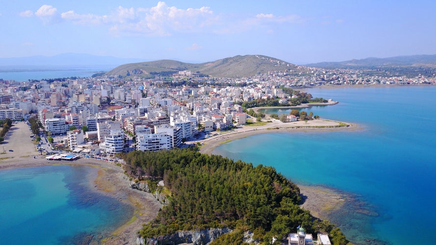 Photo of aerial drone photo of famous city of Chalkida that links the island of Evia to mainland Greece.