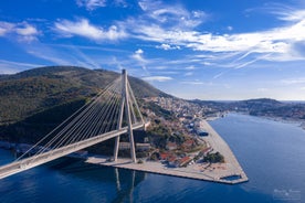 Photo of panoramic aerial view of the old town of Dubrovnik, Croatia seen from Bosanka viewpoint on the shores of the Adriatic Sea in the Mediterranean Sea.