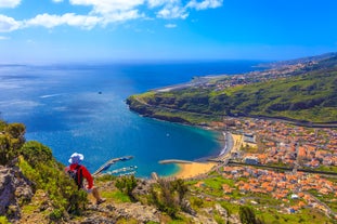 Aerial drone view of Camara de Lobos village, Madeira.