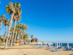 Photo of panoramic aerial view of Kalamis beach and bay in the city of Protaras, Cyprus.