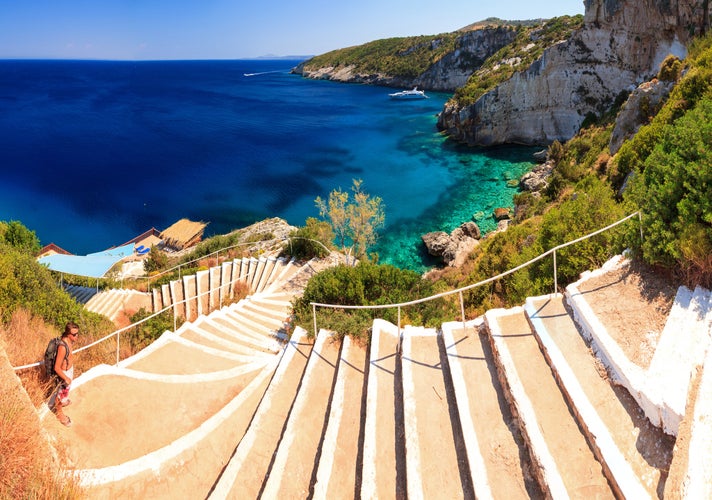 Photo of the stairs to the sea at the blue caves on the island Zakynthos.