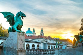 Capital of Slovenia, panoramic view with old town and castle.