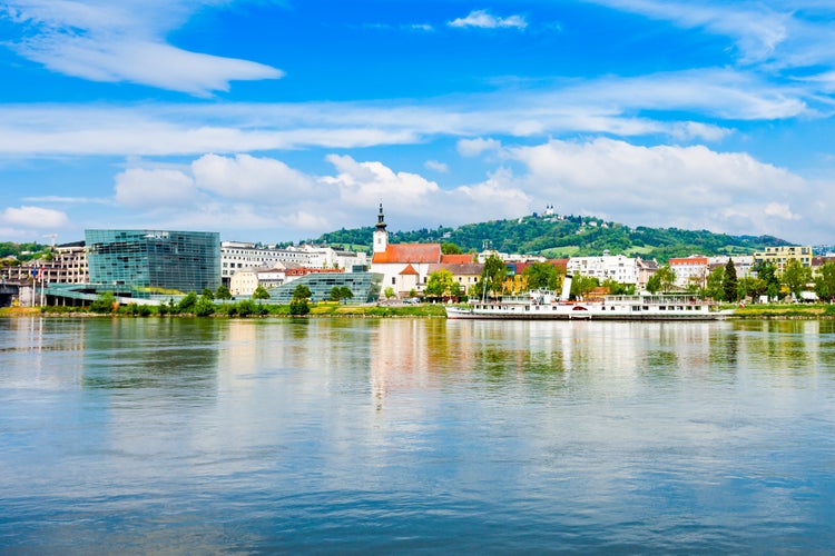 Photo of Linz city centre and Danube river in Austria.