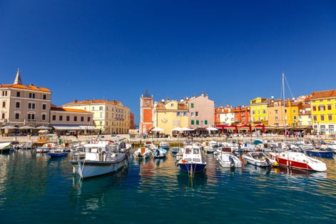 Photo of beautiful colorful medieval town of Rovinj Istria, Istrian peninsula, Croatia.