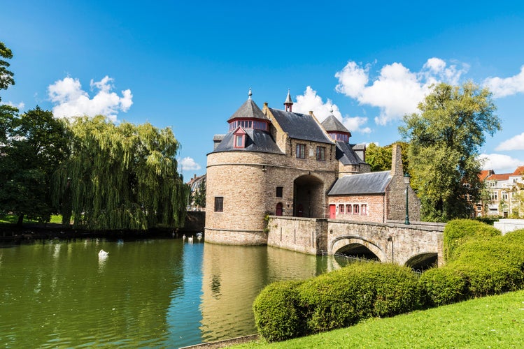 Ezelpoort (Donkey's gate), fortified gate on the river, in the medieval city of Bruges, Belgium