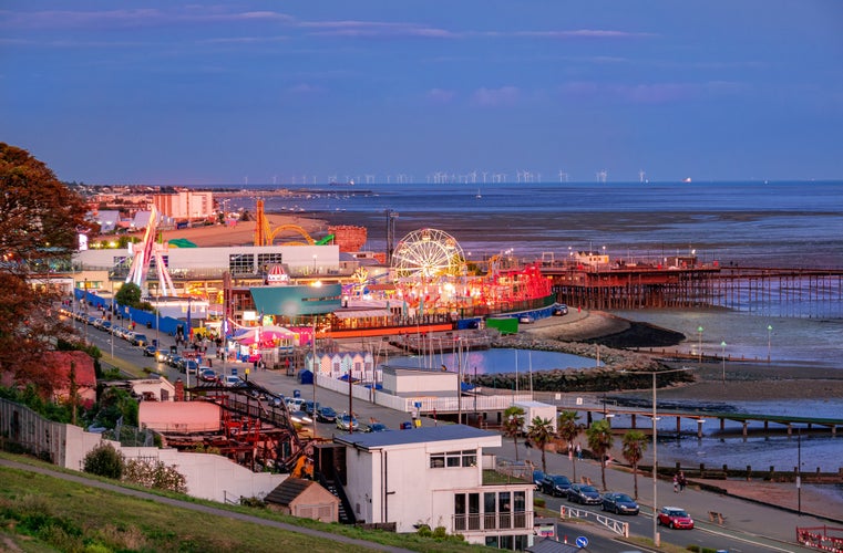 Photo of panoramic view of Southend adventure island park at twilight on the sea coast in Essex ,England.