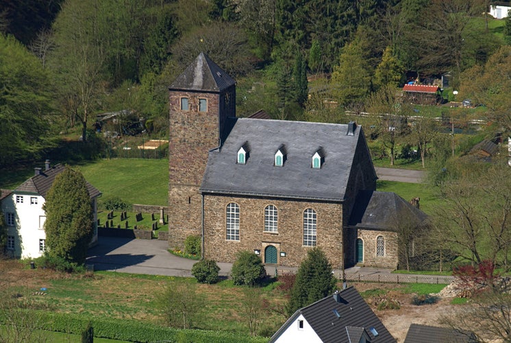 Aerial view to the protestant church of Solingen Burg