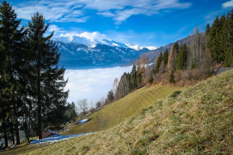 PHOTO OF VIEW OF Lienz covered by fog, sun shines on the fog, with trees in the foreground. Lienzer Dolomites