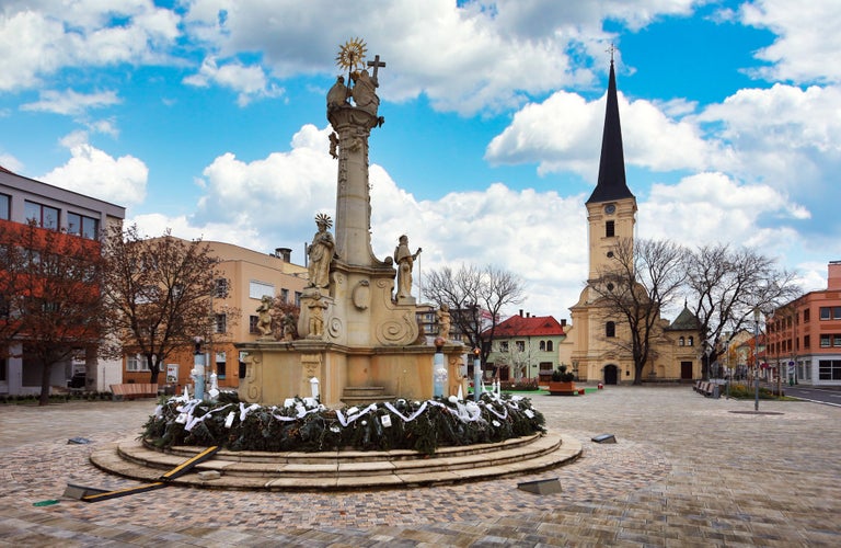 photo of viewof Center of the old town. Holy trinity and Roman Catholic Churchon the city plaza, District of Nitra, Slovakia.