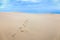 Photo of footsteps on the wandering dune Rabjerg Mile, Denmark.