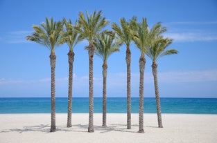 Photo of panoramic view of the Mediterranean beach of Roquetas de Mar in southern Spain.