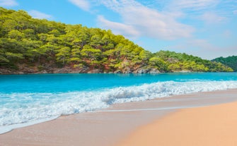 Photo of aerial view of Oludeniz Bay view in Fethiye Town, Turkey.