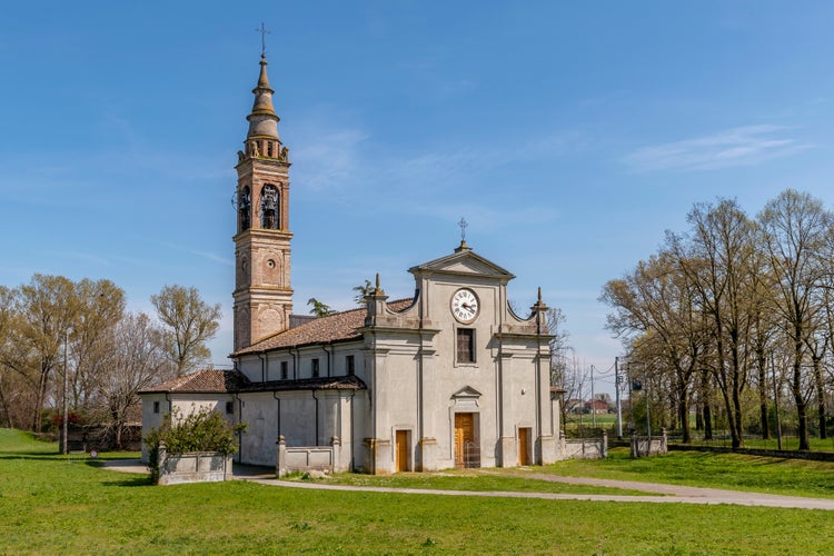 Church of the Annunciation of the Virgin Mary with neoclassical forms located in Castellina, hamlet of Soragna, Parma, Italy