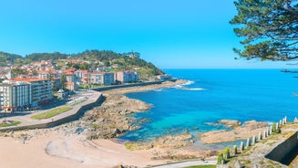 Photo of aerial view of Baiona, Spain and its fortress.