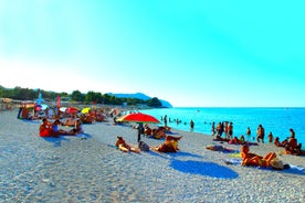 Photo of aerial view of an empty beach in Portonovo in the Ria de Pontevedra, Spain.